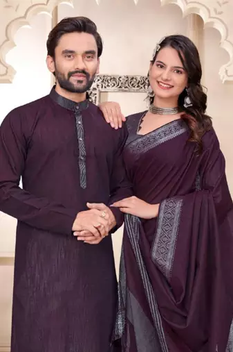 Purple color linen cotton zari border saree with running blouse