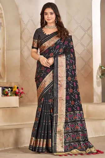 Black color flower patola silk woven work saree with blouse piece