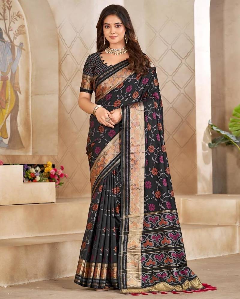 Black color flower patola silk woven work saree with blouse piece