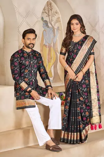 Black color flower patola silk woven work saree with blouse piece