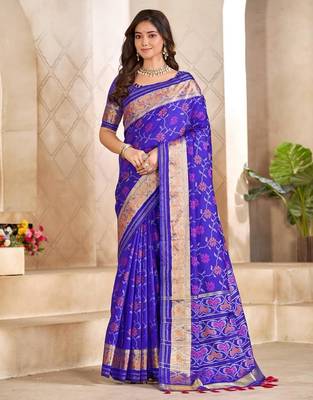 Blue color flower patola silk woven work saree with blouse piece 1