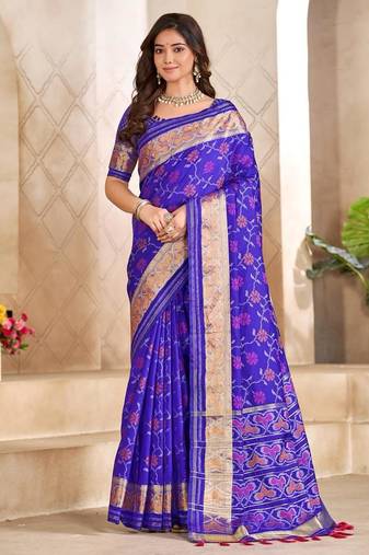 Blue color flower patola silk woven work saree with blouse piece