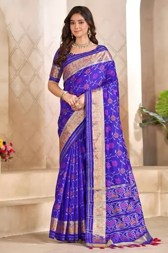 Blue color flower patola silk woven work saree with blouse piece