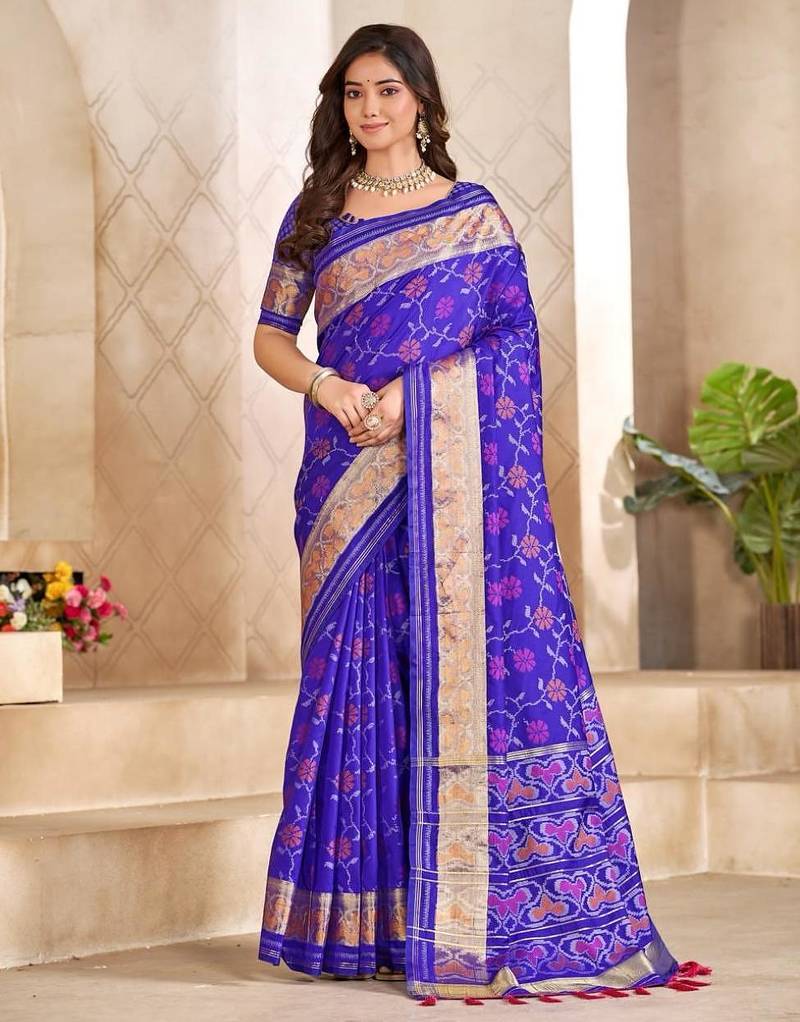 Blue color flower patola silk woven work saree with blouse piece