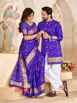 Blue color flower patola silk woven work saree with blouse piece 2