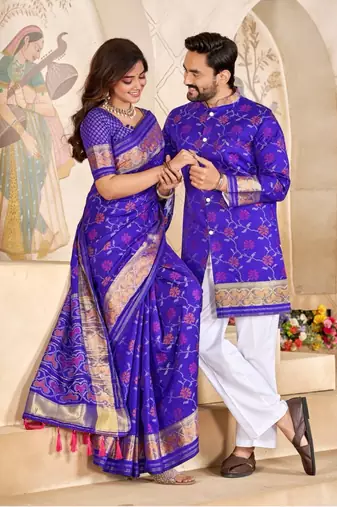 Blue color flower patola silk woven work saree with blouse piece