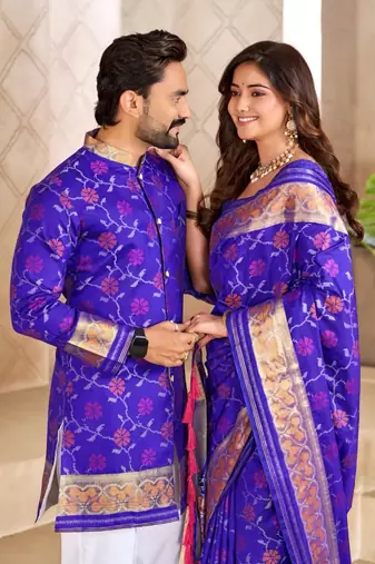 Blue color flower patola silk woven work saree with blouse piece