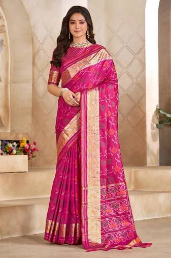 Pink color flower patola silk woven work saree with blouse piece
