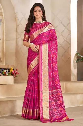 Pink color flower patola silk woven work saree with blouse piece