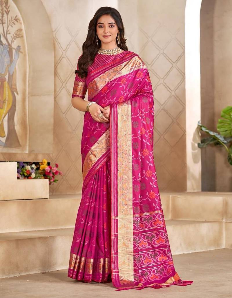 Pink color flower patola silk woven work saree with blouse piece