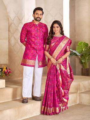Pink color flower patola silk woven work saree with blouse piece 2