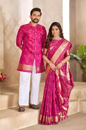 Pink color flower patola silk woven work saree with blouse piece