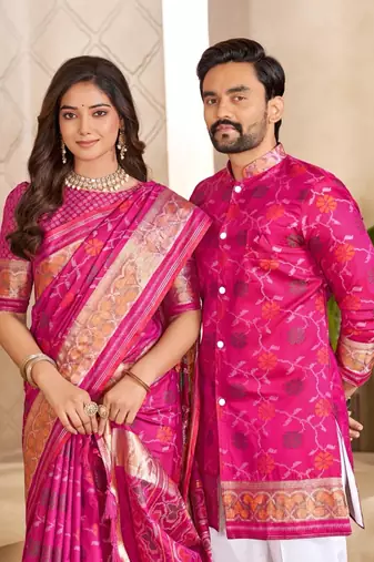 Pink color flower patola silk woven work saree with blouse piece