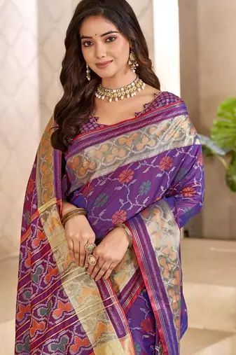 Purple color flower patola silk woven work saree with blouse piece