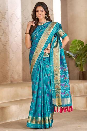 Skyblue color flower patola silk woven work saree with blouse piece