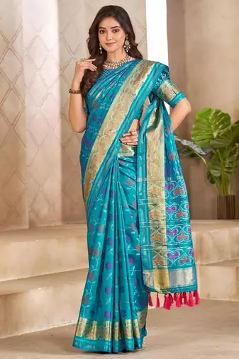 Skyblue color flower patola silk woven work saree with blouse piece
