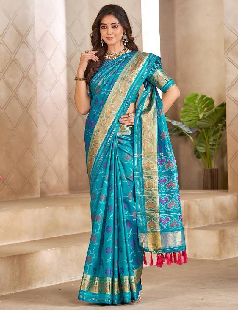 Skyblue color flower patola silk woven work saree with blouse piece