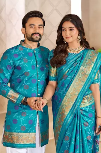 Skyblue color flower patola silk woven work saree with blouse piece