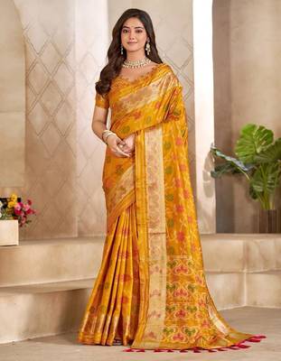 Yellow color flower patola silk woven work saree with blouse piece 1
