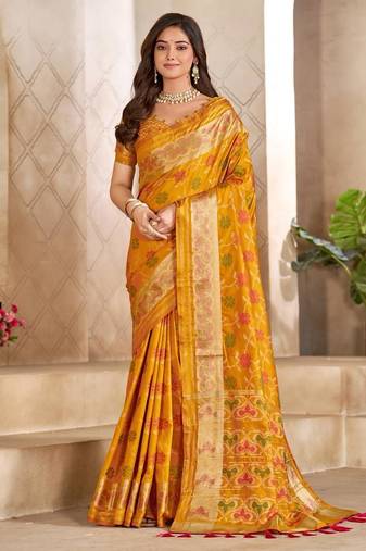 Yellow color flower patola silk woven work saree with blouse piece