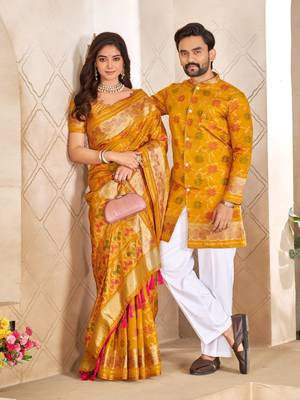 Yellow color flower patola silk woven work saree with blouse piece 2