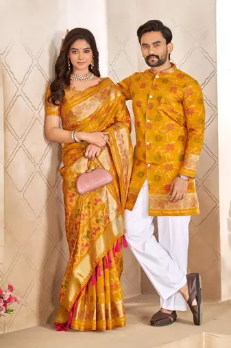 Yellow color flower patola silk woven work saree with blouse piece