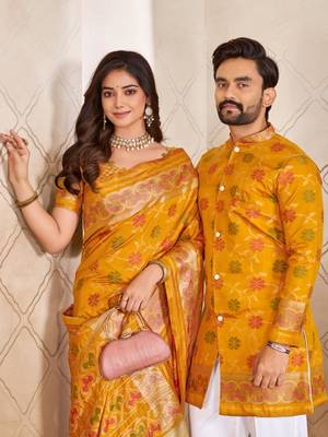 Yellow color flower patola silk woven work saree with blouse piece 3