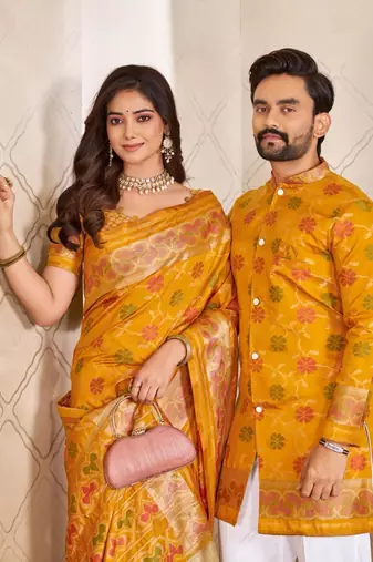 Yellow color flower patola silk woven work saree with blouse piece