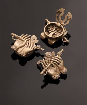 Oxidised antique gold plated krishna hand motif button cover 3