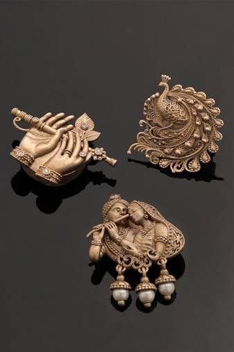 Oxidised antique gold plated radha krishna button cover