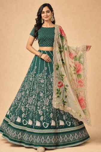 Green Color Smart And Graceful Satin Silk Lehenga Choli For Fancy Girlie Looks