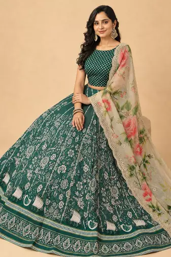 Green Color Smart And Graceful Satin Silk Lehenga Choli For Fancy Girlie Looks