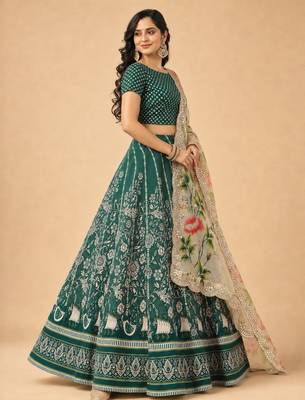 Green Color Smart And Graceful Satin Silk Lehenga Choli For Fancy Girlie Looks 4