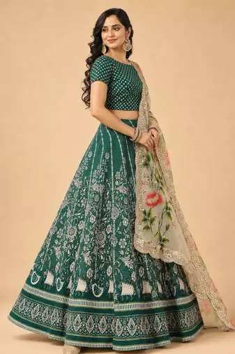 Green Color Smart And Graceful Satin Silk Lehenga Choli For Fancy Girlie Looks