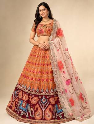 Orange Color Smart And Graceful Satin Silk Lehenga Choli For Fancy Girlie Looks 1