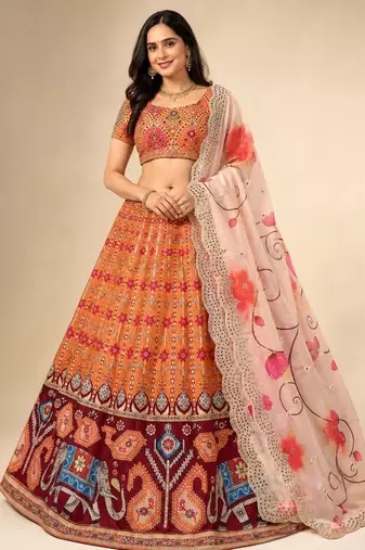 Orange Color Smart And Graceful Satin Silk Lehenga Choli For Fancy Girlie Looks