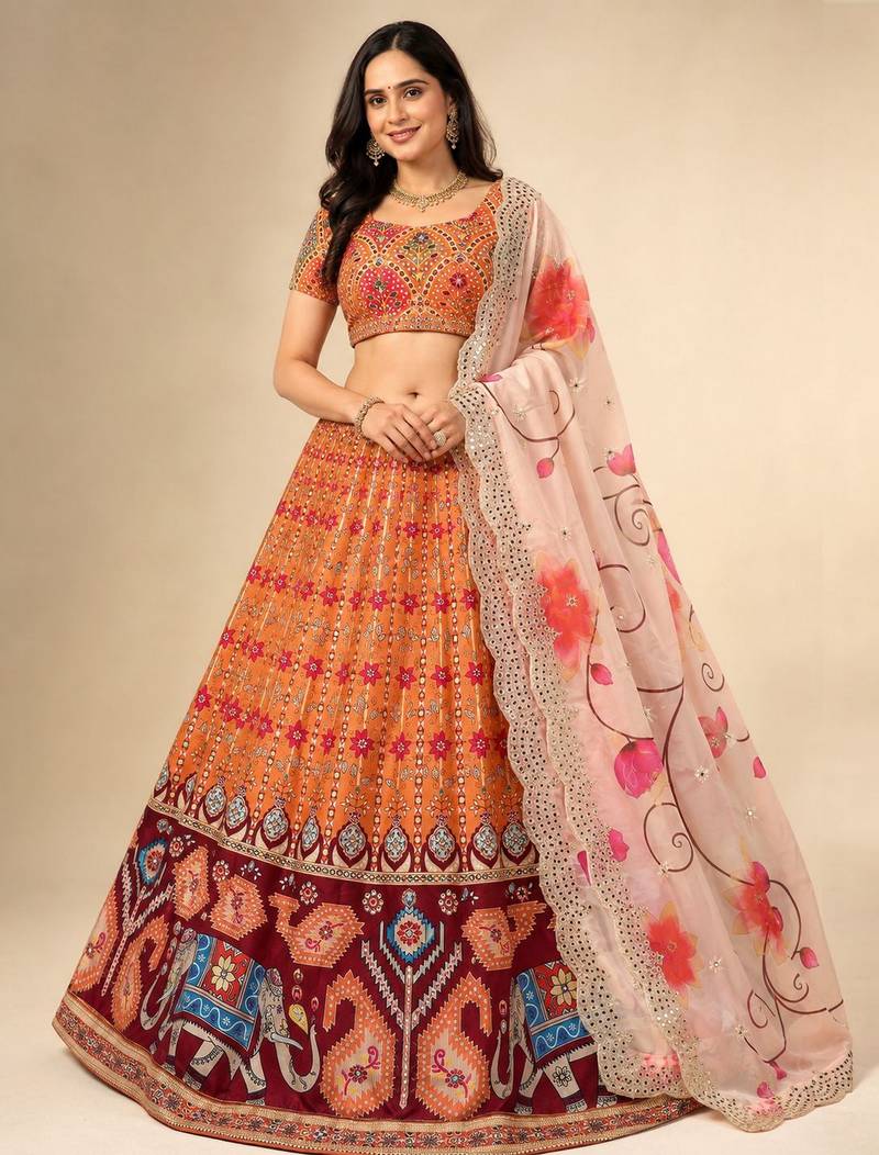 Orange Color Smart And Graceful Satin Silk Lehenga Choli For Fancy Girlie Looks