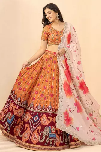 Orange Color Smart And Graceful Satin Silk Lehenga Choli For Fancy Girlie Looks