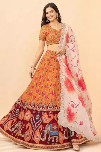 Orange Color Smart And Graceful Satin Silk Lehenga Choli For Fancy Girlie Looks