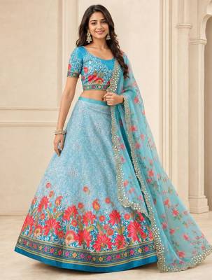 Sky Blue Color Smart And Graceful Satin Silk Lehenga Choli For Fancy Girlie Looks 1