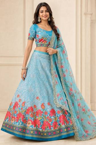 Sky Blue Color Smart And Graceful Satin Silk Lehenga Choli For Fancy Girlie Looks