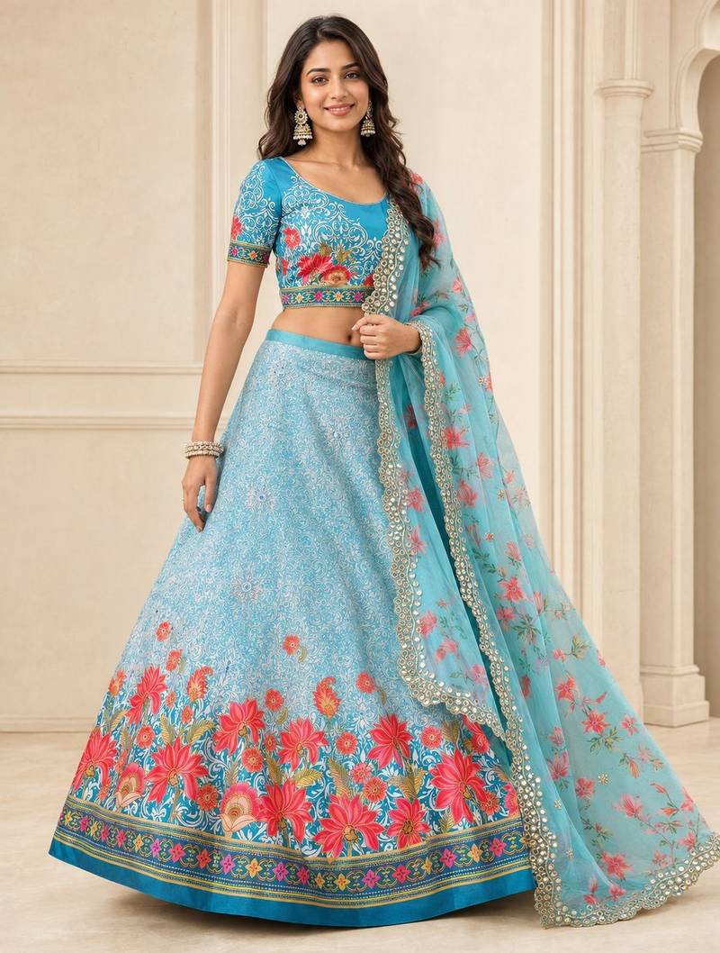 Sky Blue Color Smart And Graceful Satin Silk Lehenga Choli For Fancy Girlie Looks