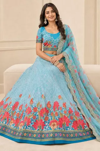Sky Blue Color Smart And Graceful Satin Silk Lehenga Choli For Fancy Girlie Looks
