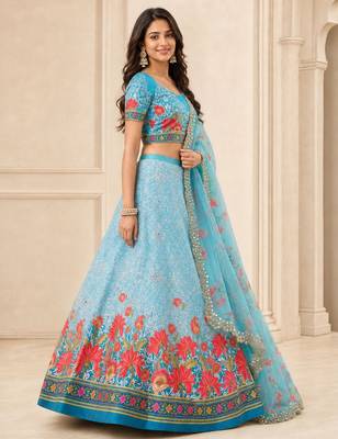 Sky Blue Color Smart And Graceful Satin Silk Lehenga Choli For Fancy Girlie Looks 4