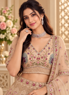 Beige Color Crystal Beads,Sequence And Zari Embroidery Work Net Lehenga Choli 2