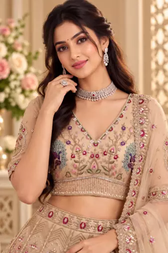 Beige Color Crystal Beads,Sequence And Zari Embroidery Work Net Lehenga Choli