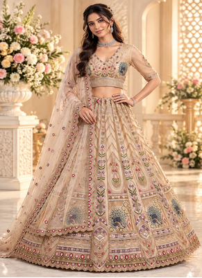 Beige Color Crystal Beads,Sequence And Zari Embroidery Work Net Lehenga Choli 1