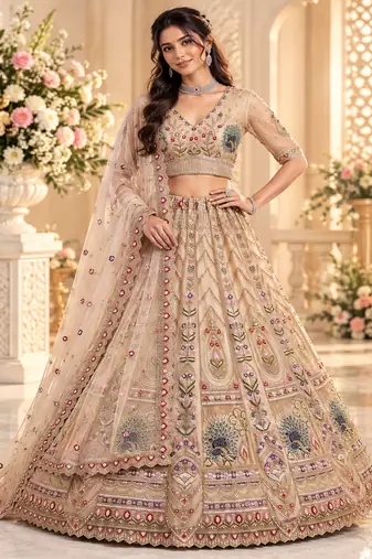 Beige Color Crystal Beads,Sequence And Zari Embroidery Work Net Lehenga Choli