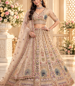 Beige Color Crystal Beads,Sequence And Zari Embroidery Work Net Lehenga Choli