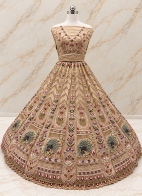 Beige Color Crystal Beads,Sequence And Zari Embroidery Work Net Lehenga Choli 3